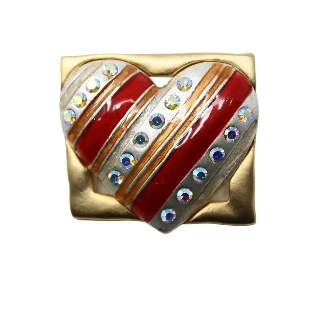 Vintage Signed AMJC Red Enamel Heart Brooch Pin Rhinestones Gold Tone - Hey Viv